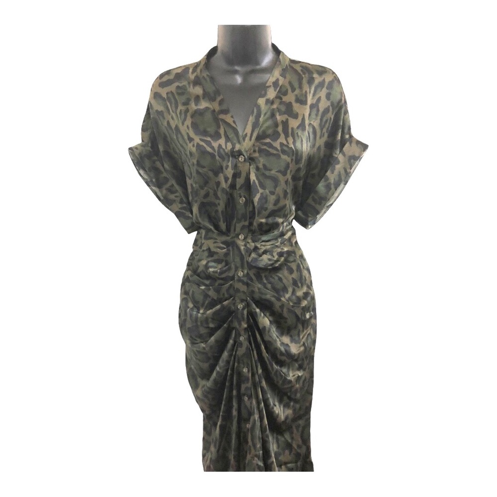 Steve Madden TORI Tony camo green satin look belted button front shirtdress szL - Picture 4 of 17